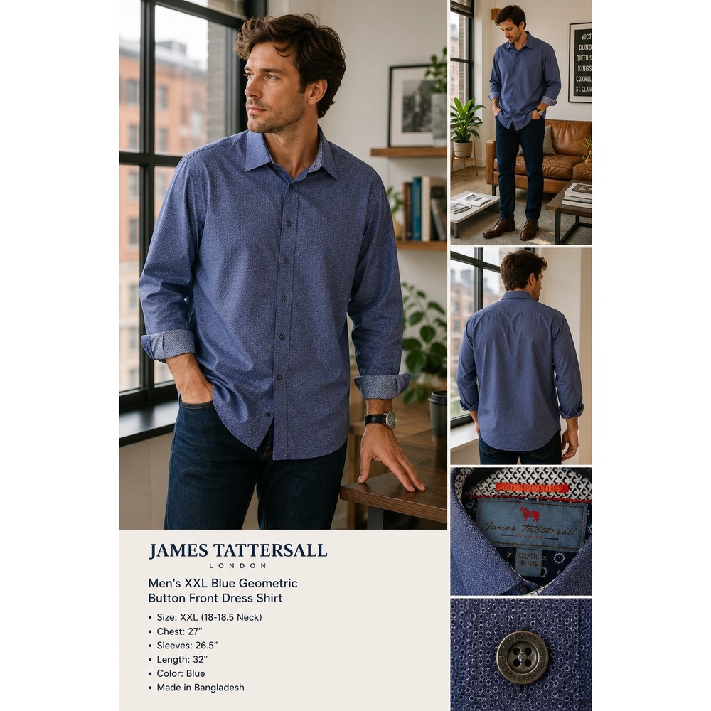 James Tattersall London Mens XXL Blue Geometric Button Front Dress Shirt 18-18.5